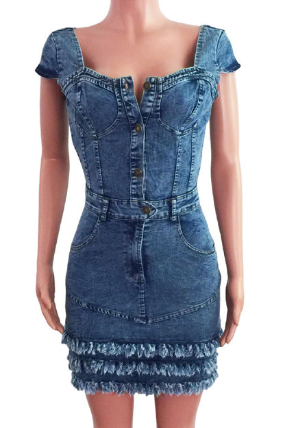 Ruffle Hem Bustier Denim Mini Dress