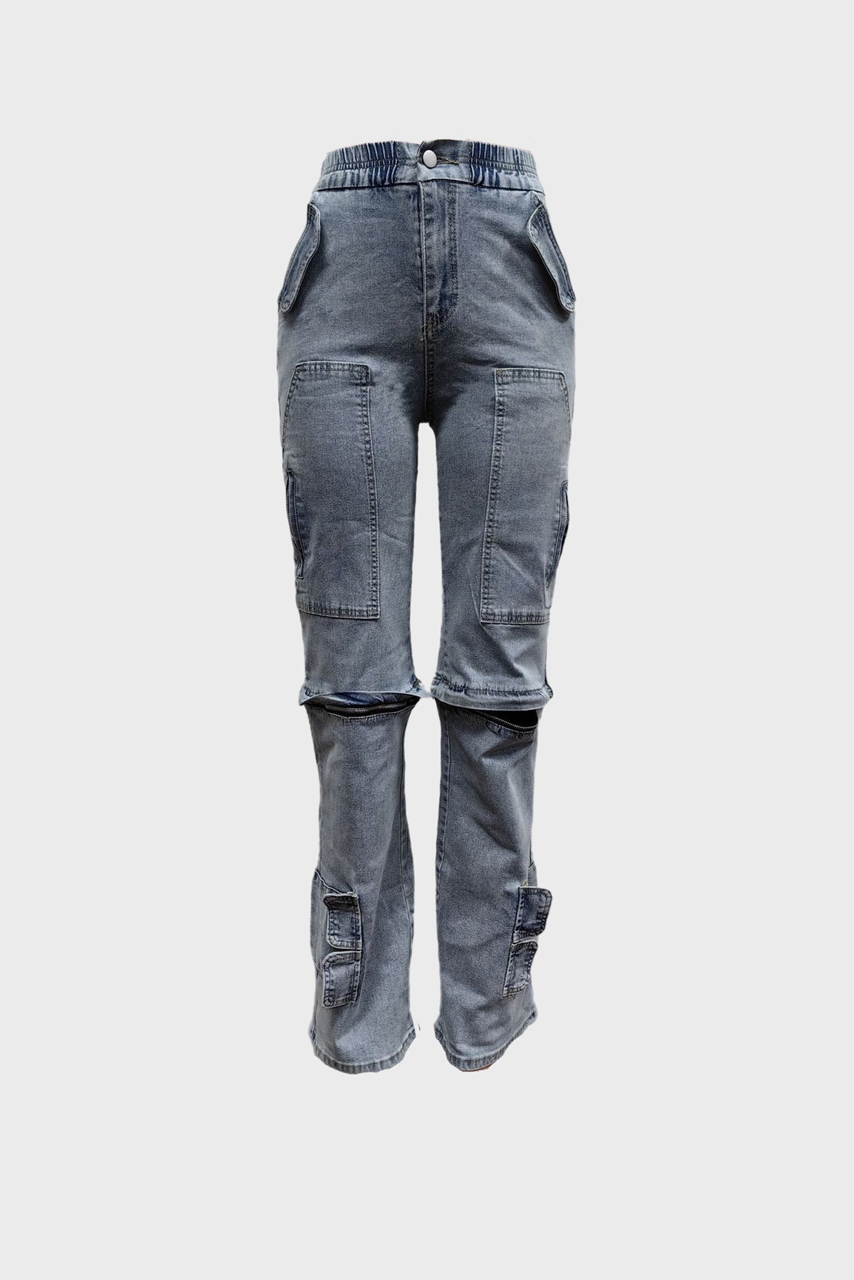 Stretchy Distressed Button Down Cargo Jeans