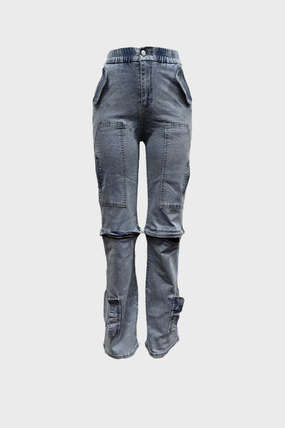 Stretchy Distressed Button Down Cargo Jeans