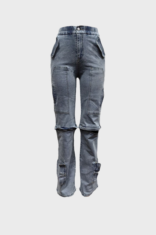 Stretchy Distressed Button Down Cargo Jeans