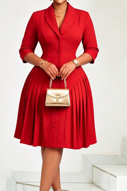 Pleated Button Front Blazer Midi Dress