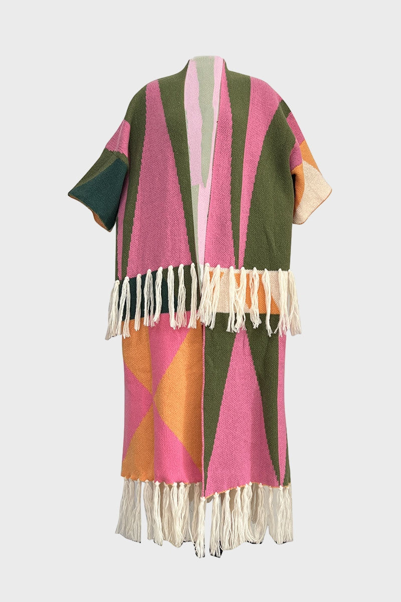 Tassel Color Block Open Front Cardigan