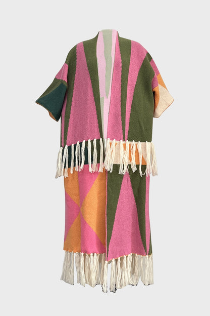 Tassel Color Block Open Front Cardigan