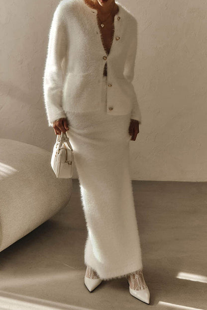 Fuzzy Long Sleeve Button Cardigan and Skirt Set
