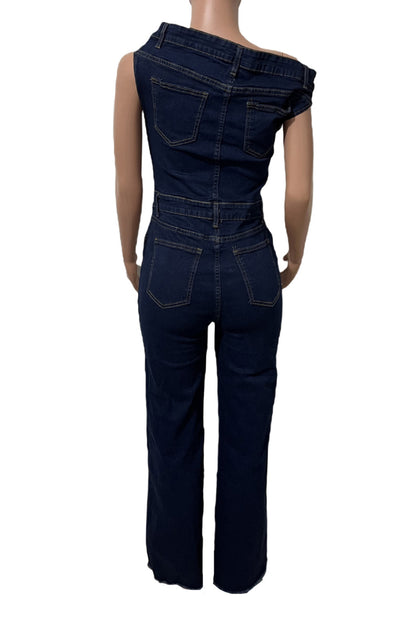 Strapless Off-Shoulder Fitted Denim Jumpsuit