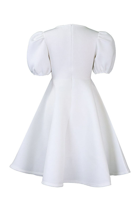 Round Neck Sleeve Slim Waist Swing A-Line Dress