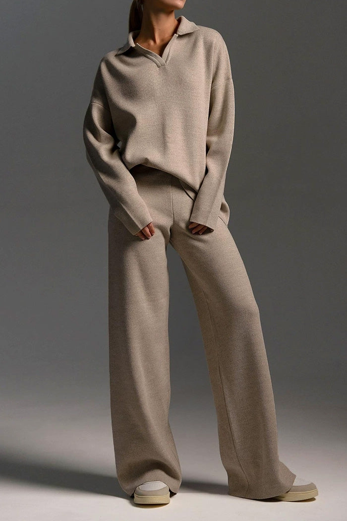 2-Piece Knit Polo & Wide-Leg Lounge Set