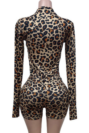Leopard Print Long Sleeve Biker Shorts Set