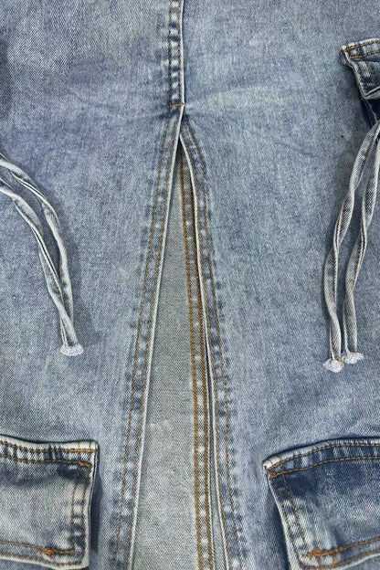 Slit Ripped Pocket Cargo Denim Skirt