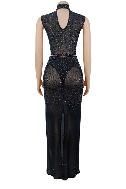 Sheer Rhinestone Mesh Maxi Skirt Set