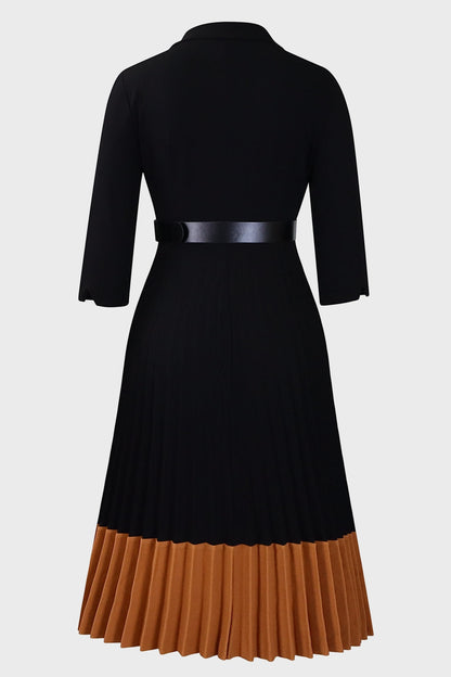 Two-Tone Belted Pleated Dress