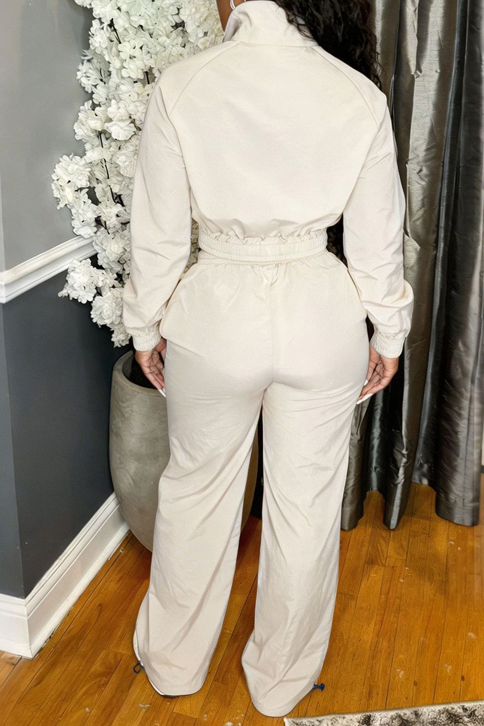 Zip-Front Piped Top & Wide-Leg Pants Set