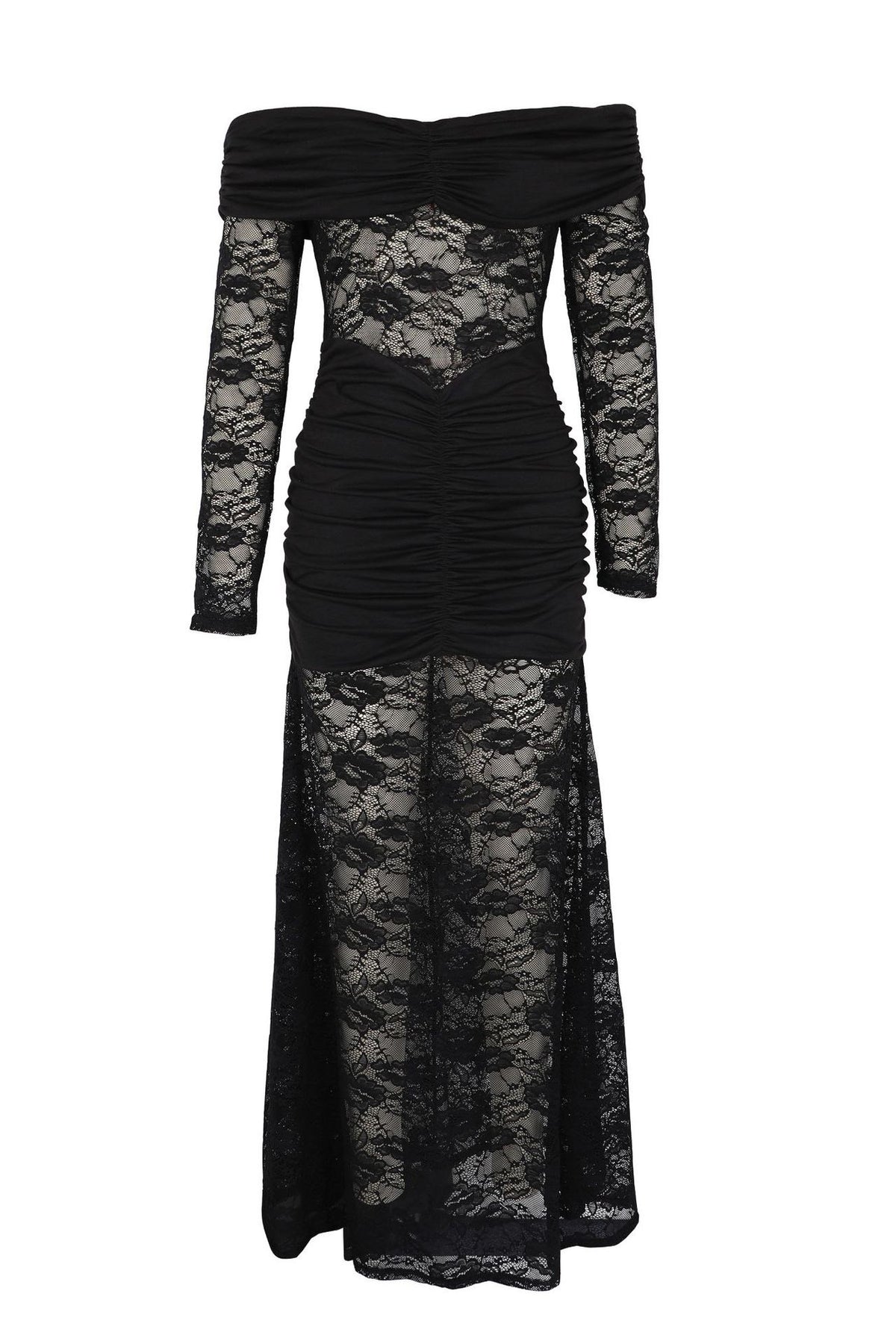 Off-Shoulder Ruched Lace Maxi Dress