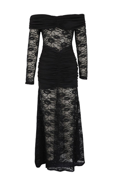 Off-Shoulder Ruched Lace Maxi Dress