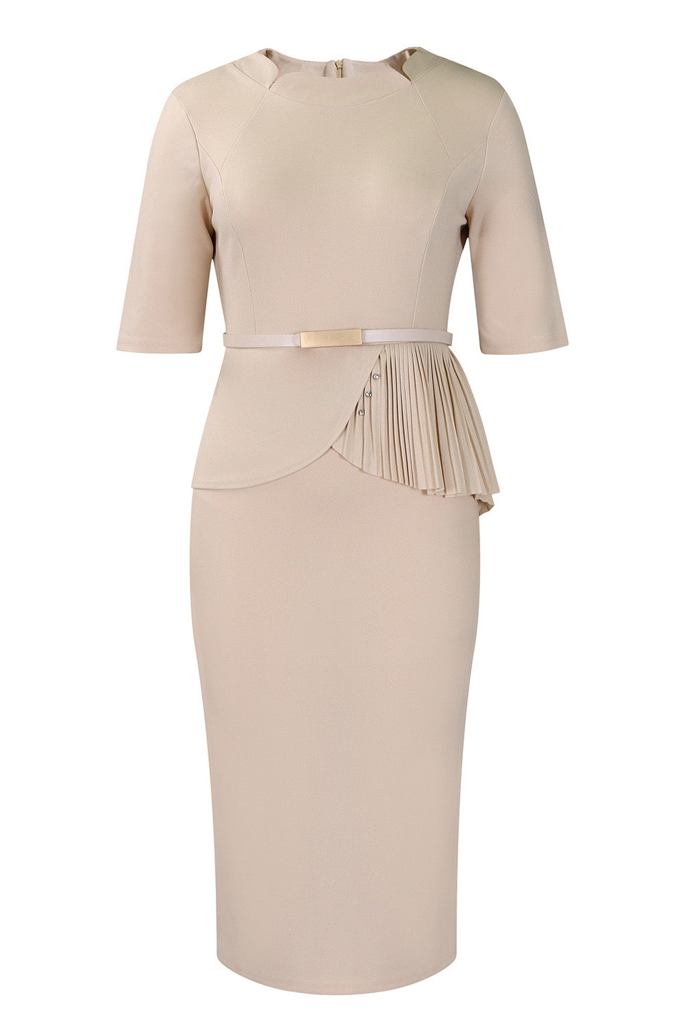 Solid Short Sleeves Knee Length Peplum Dress