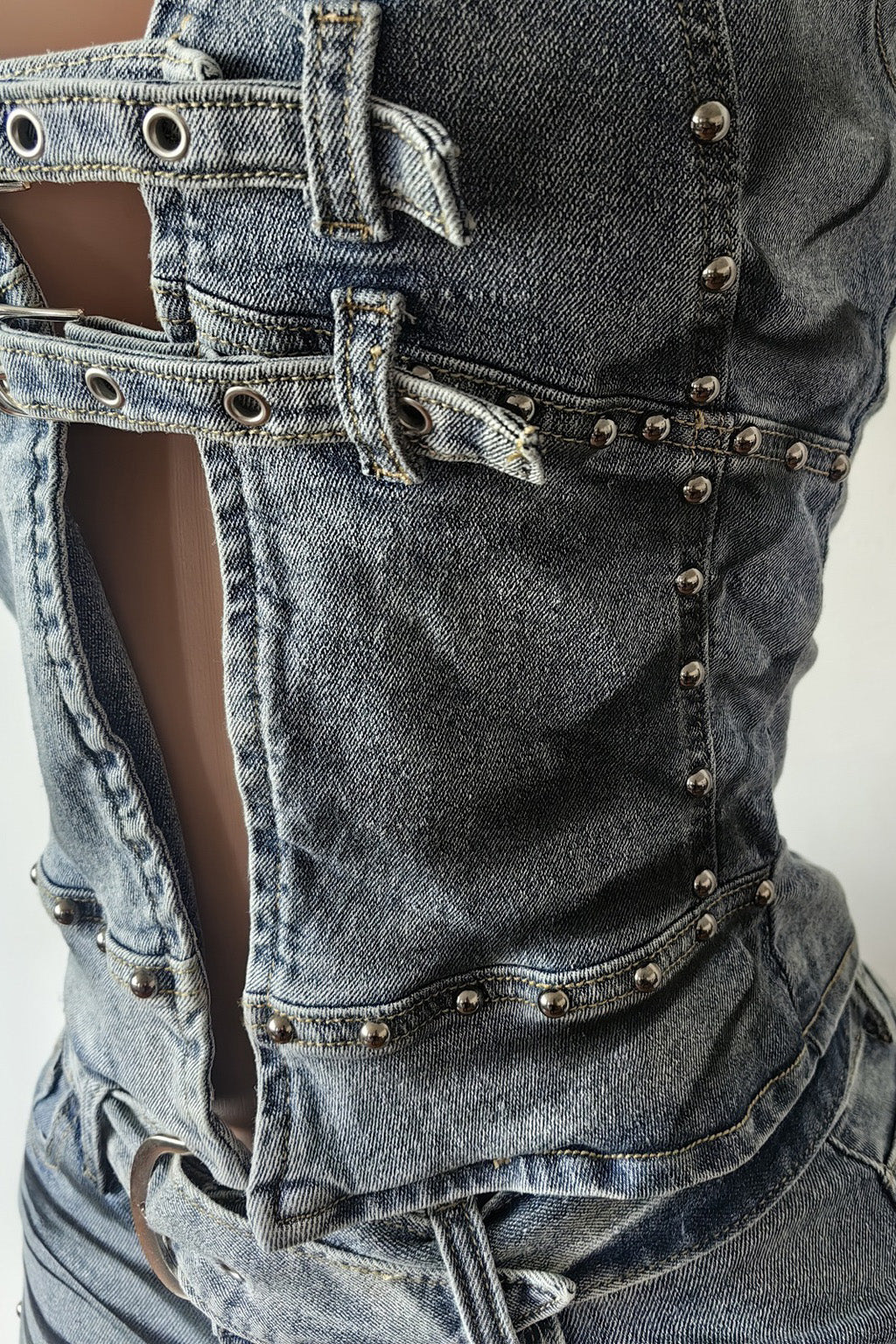 Edgy Studded Denim Halter Set