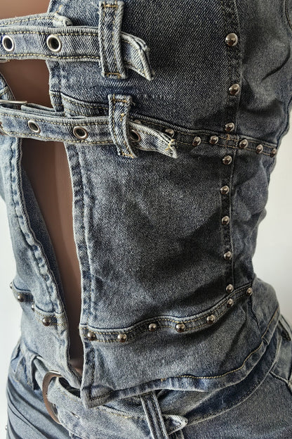 Edgy Studded Denim Halter Set