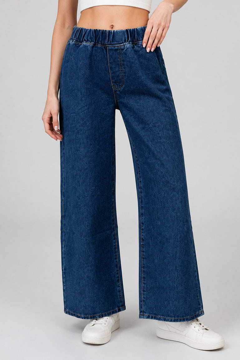 Elastic Waist Non-Stretch Wide Leg Jeans