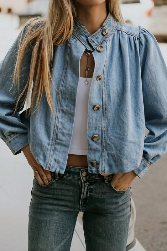 Puff-Sleeve Stand-Collar Denim Jacket