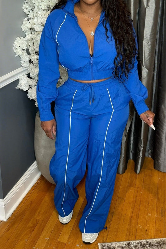 Zip-Front Piped Top & Wide-Leg Pants Set
