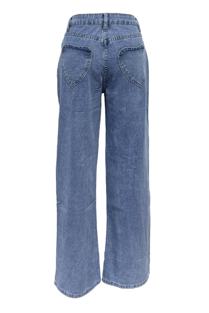 High Waist Heart Pocket Straight Leg Jeans