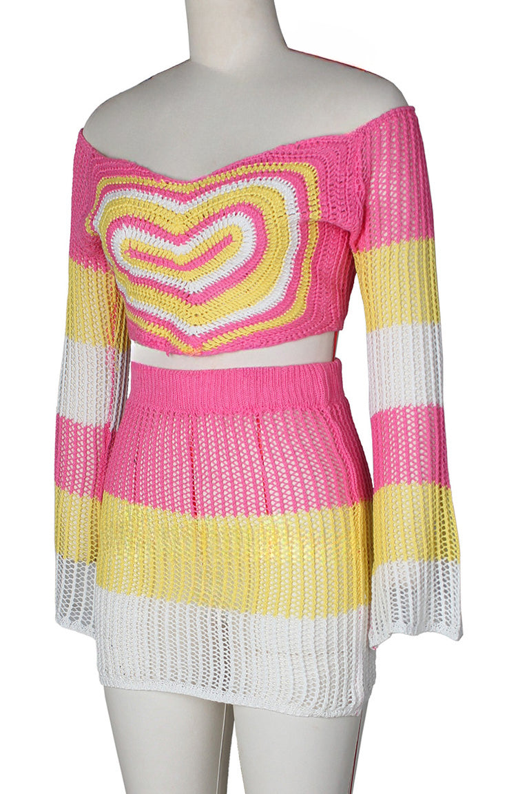 Crochet Long Sleeve Crop Top Skirt Sets