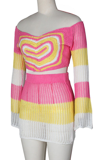 Crochet Long Sleeve Crop Top Skirt Sets