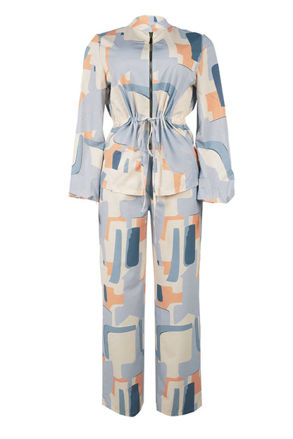 Printed Stand Collar Drawstring Waist 2-Piece Set
