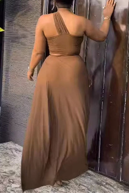 Solid One Shoulder Crop Top and Slit Skirt Set