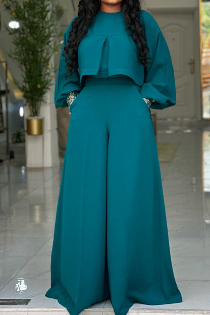 Plus Size Lantern Sleeve Wide Leg Pant Set