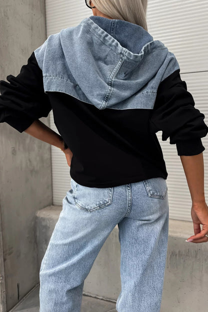 Loose Wash Denim Patchwork Hoodie