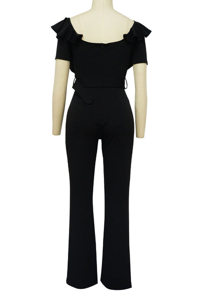 Plunging Ruffle Off-The-Shoulder Belted Flared Jumpsuit