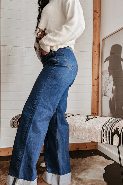 Stretch Cuffed Wide Leg Front Seam Jeans