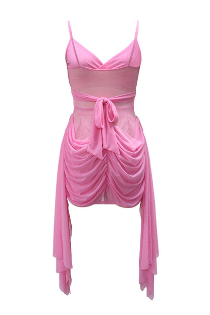 Draped Mesh Cutout Mini Dress
