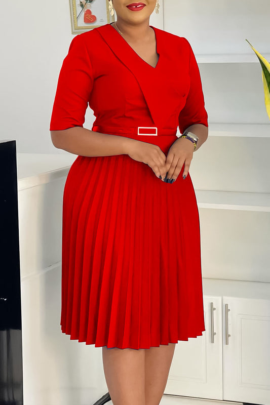 Solid Belted Pleated Dress
