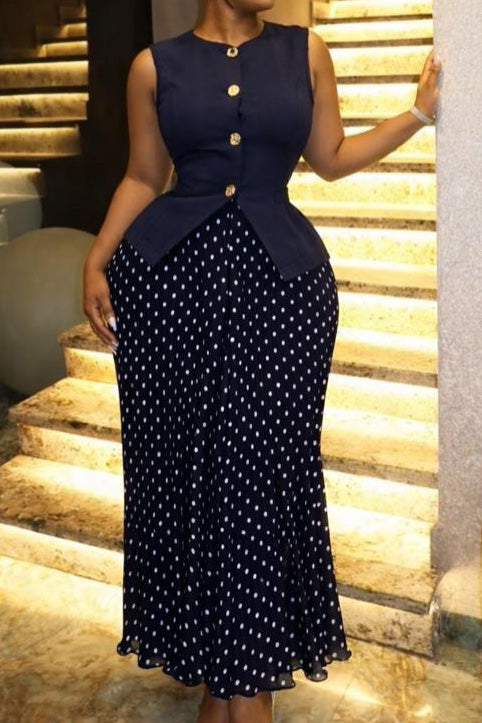 Button Vest & Polka Dot Pleated Skirt Set