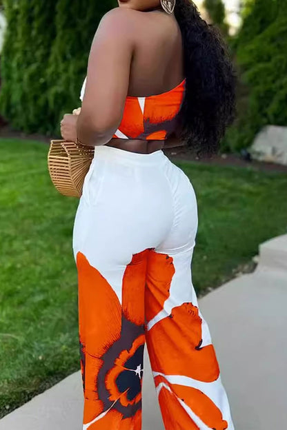 Printed One-Shoulder Top & Wide Leg Pants Set