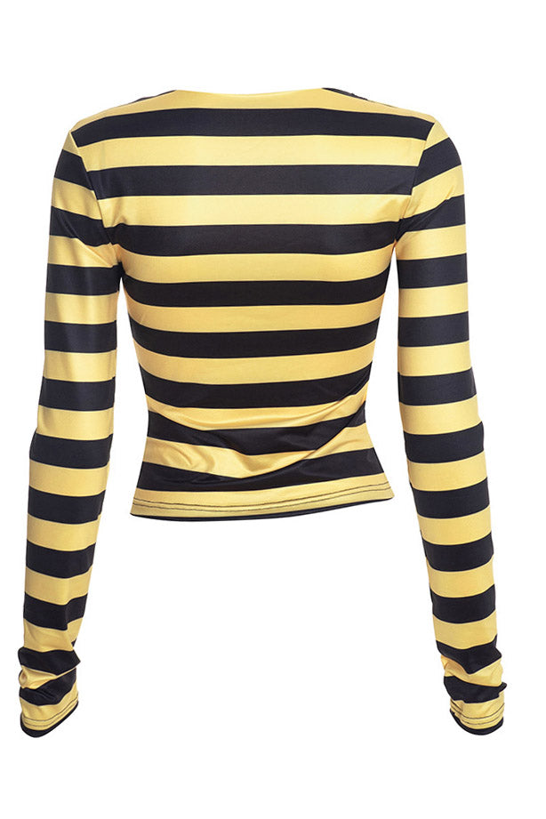 Striped Graphic V-Neck Long-Sleeve Crop Top