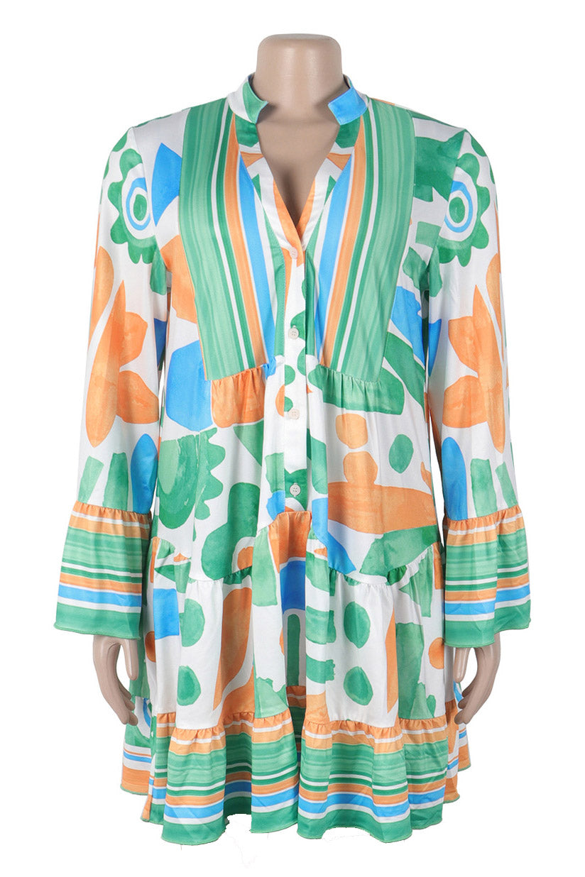 Floral Print V-Neck Colorblock Midi Dress