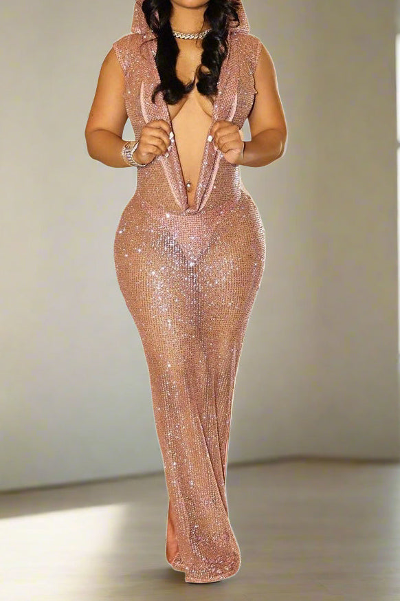 Hooded Sleeveless Sequins Mesh Maxi Dress