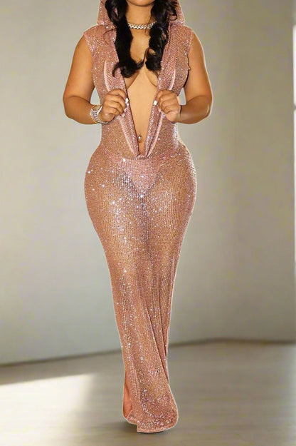 Hooded Sleeveless Sequins Mesh Maxi Dress