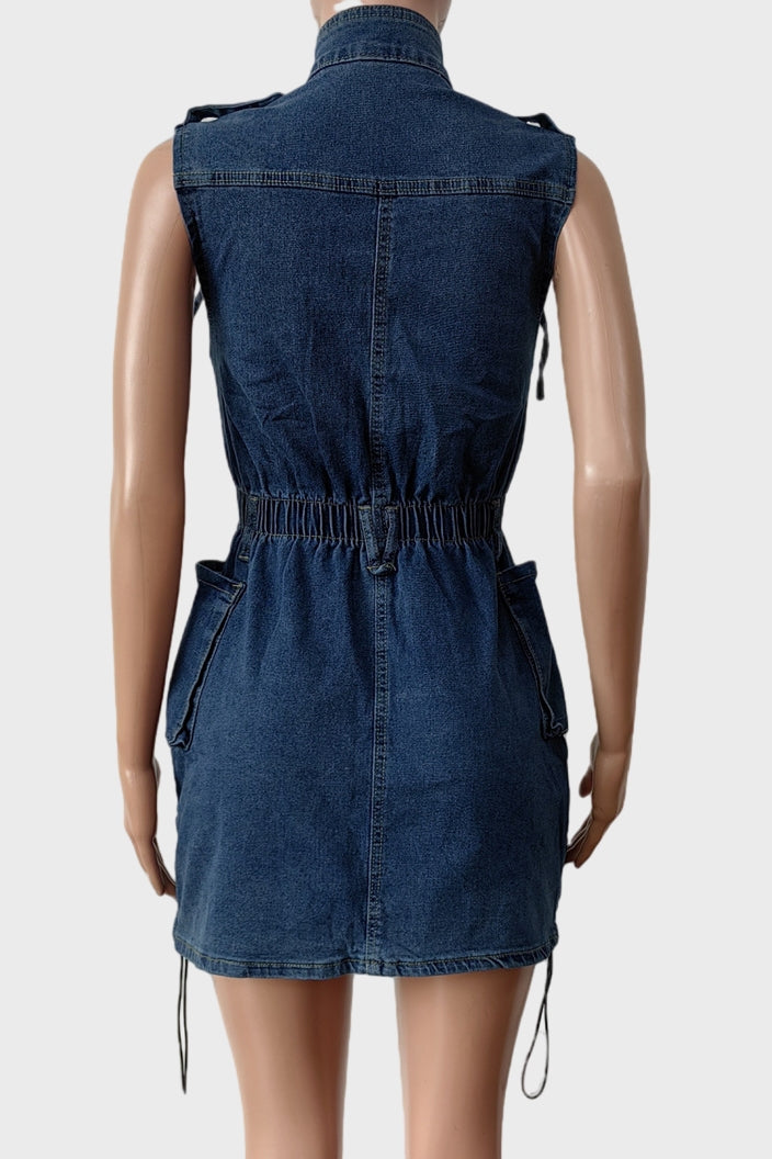 Sleeveless Denim Cargo Pockets Mini Dress