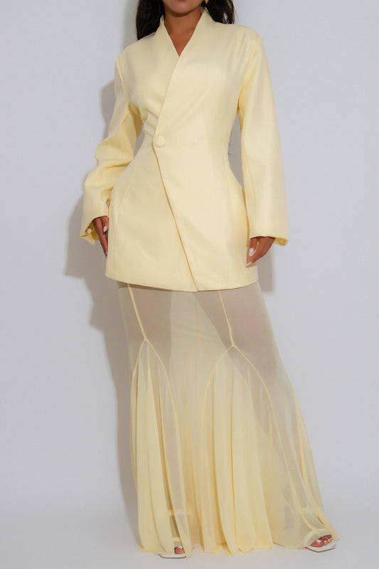 Collarless Blazer and Mesh Skirt Set