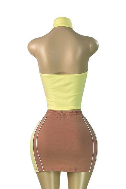Colorblock Halter Zip Skirt Set