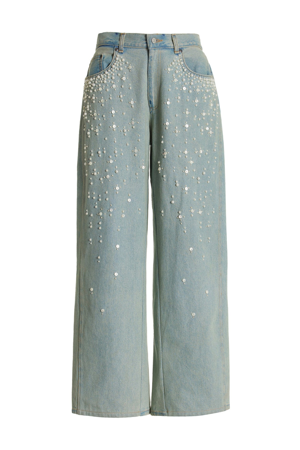 Pearl & Rhinestone Embellished Wide Leg Jeans