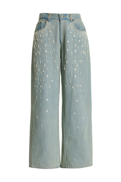 Pearl & Rhinestone Embellished Wide Leg Jeans