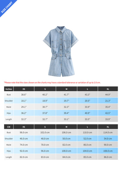 Denim Short Sleeve Romper with Pockets