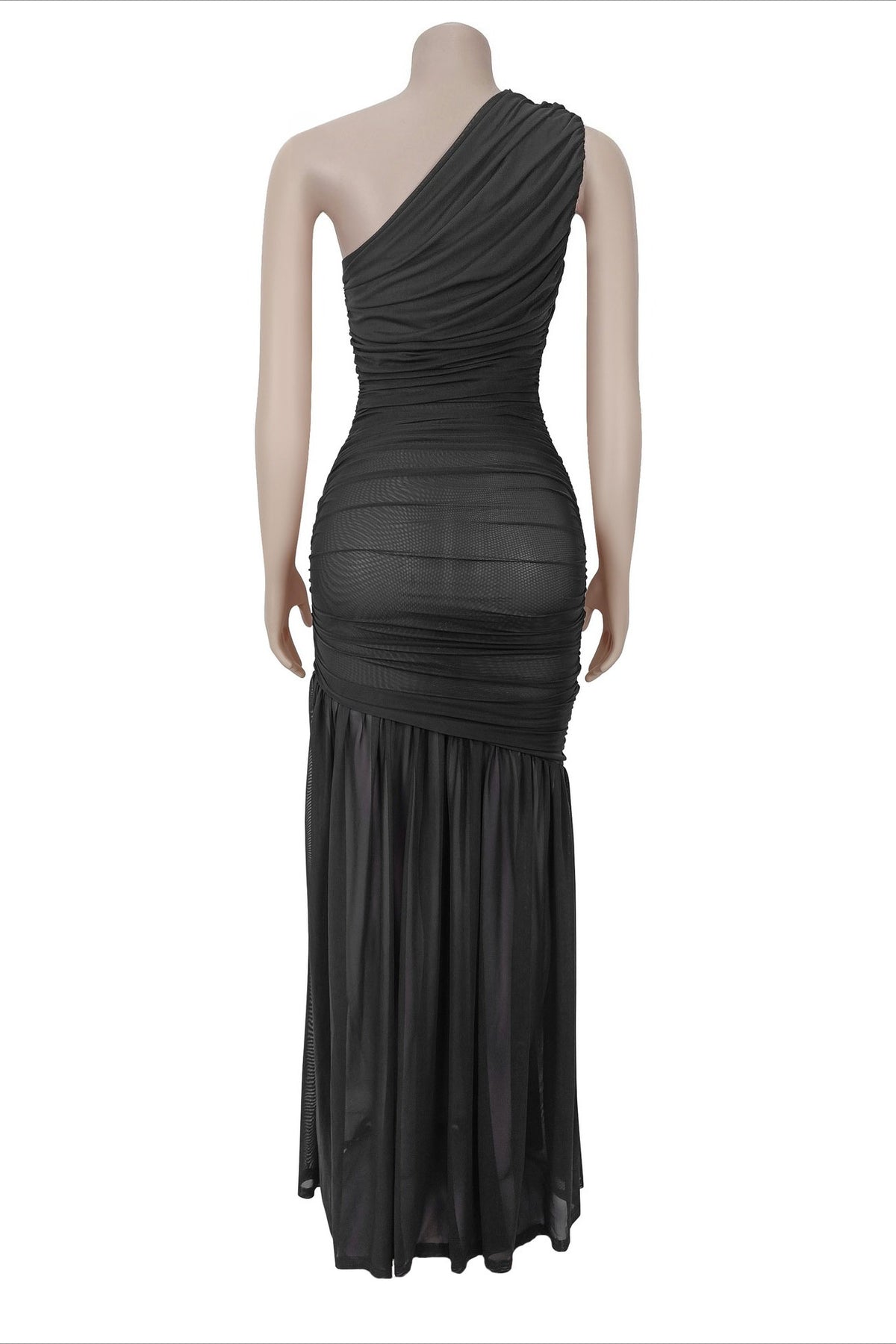 One-Shoulder Ruched Mesh Maxi Dress