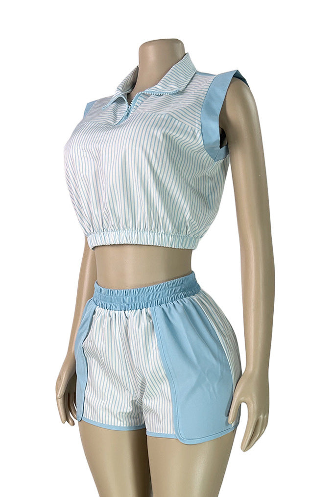Contrast Panel Striped Half-Zip Top & Shorts Set