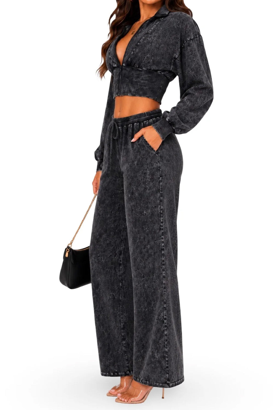 Washed Cropped Zip Jacket Wide Leg Pants Set